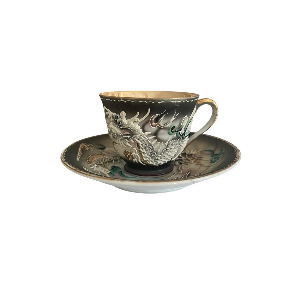 Wales China Moriage Dragon Tea Cup and Saucer Set Hand Painted Japan Vintage
